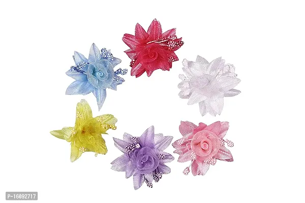 Satin Flower For Decoration Pack Of 36Pc In Assorted 6 Colors(Flower With Pollen)-thumb0