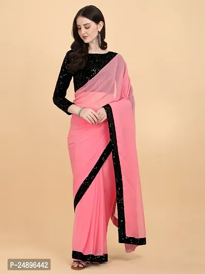 Stylish Georgette Pink Sequinned Saree with Blouse piece For Women
