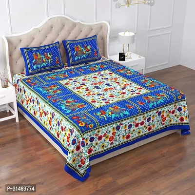 Comfortable Cotton Jaipuri Printed Double Bedsheet with Two Pillow Covers-thumb0