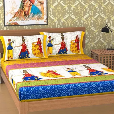 Cotton Ethnic Printed Double Bedsheet with 2 Pillow Cover
