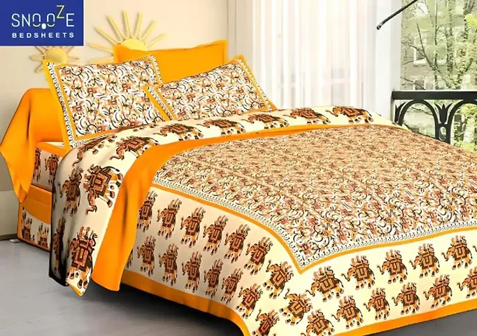 sanganeri Jaipuri Printed Cotton Double bedsheet with 2 Pillow Cover PS - jal hathi