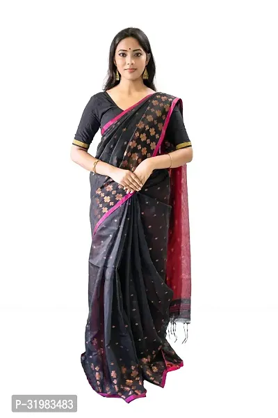 Stylish Black Cotton Silk Saree With Blouse Piece For Women-thumb0