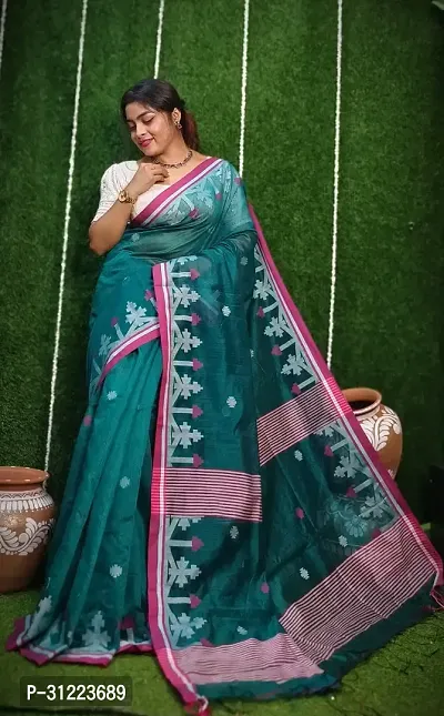 Trendy Teal Cotton Sarees With Blouse Piece-thumb0