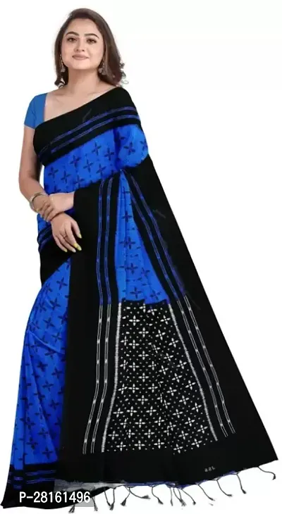 Elegant Blue Sambalpuri Saree With Contrast Blouse Piece-thumb0