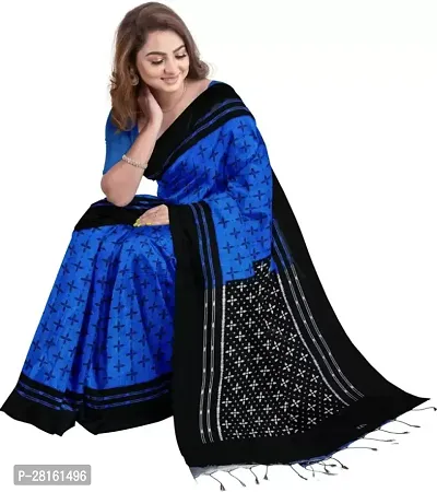 Elegant Blue Sambalpuri Saree With Contrast Blouse Piece-thumb3