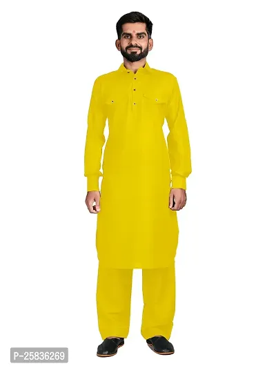 Casual Yellow Designer Pathani Pyjama Set For Men's-thumb0