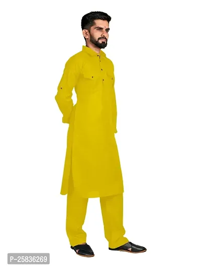 Casual Yellow Designer Pathani Pyjama Set For Men's-thumb3