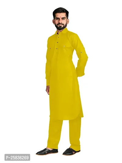 Casual Yellow Designer Pathani Pyjama Set For Men's-thumb4