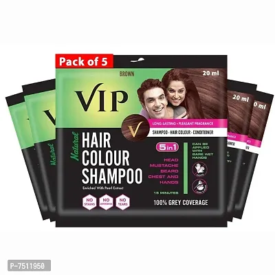 VIP Hair Colour Shampoo Brown - 20ml (Pack of 5) - Long Lasting Natural Unisex Hair Colour