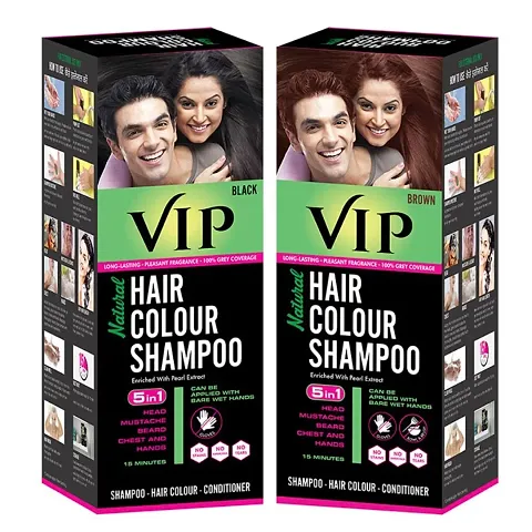VIP Hair Colour Shampoo - 180 ml Black  Brown Combo Pack - Unisex Natural Hair Colour for Men and Women - Long Lasting and Ammonia Free