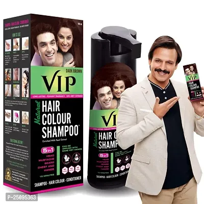 VIP Hair Color Shampoo: Dark Brown, 180ml. Ammonia-free, long-lasting color, 100% grey coverage. Easy at-home application.