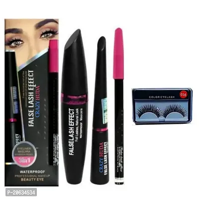 Crazy Huda Professional Combo Waterproof Eyeliner, Mascara, Eyebrow Pencil, Kajal With Eyelash Set Of 4