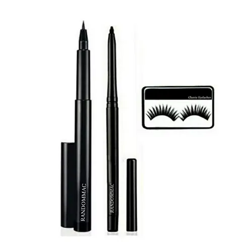 RANDOMMAC Waterproof ewitchment Pen Sketch Eyeliner BLACK EYECONIC KAJAL 2 Eyelashes Makeup Combo (Set Of 3)