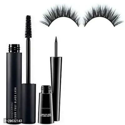 RANDOMMAC COMBO Eyeconic Lash Curling Mascara and Absolute Shine Liquid Eye Liner WITH false eyelash (PACK OF 3) Black,