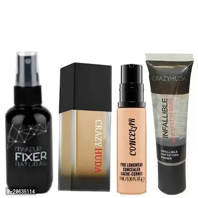 Crazy Huda Long lasting Foundation, Base Primer, Matte Fixer Spray, Concealer Pack Of 4