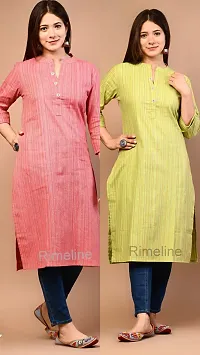 Trendy Yellow And Pink Khadi Cotton Mandrain Collar 3/4 Sleeves Kurta For Women- Pack Of 2-thumb4