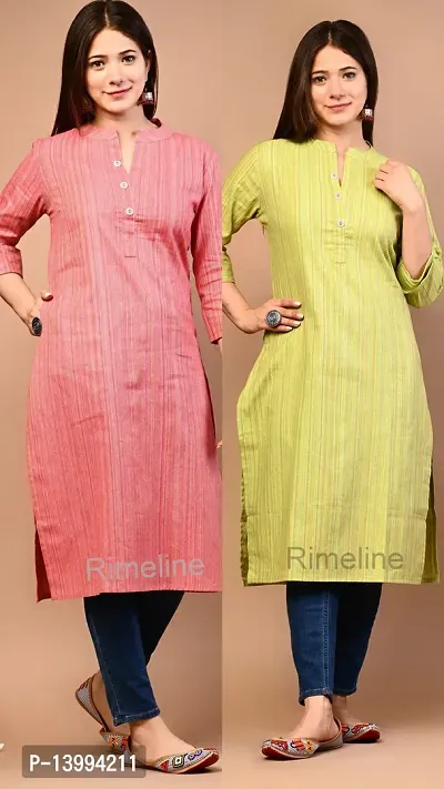 Trendy Yellow And Pink Khadi Cotton Mandrain Collar 3/4 Sleeves Kurta For Women- Pack Of 2-thumb5