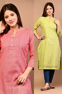 Trendy Yellow And Pink Khadi Cotton Mandrain Collar 3/4 Sleeves Kurta For Women- Pack Of 2-thumb3