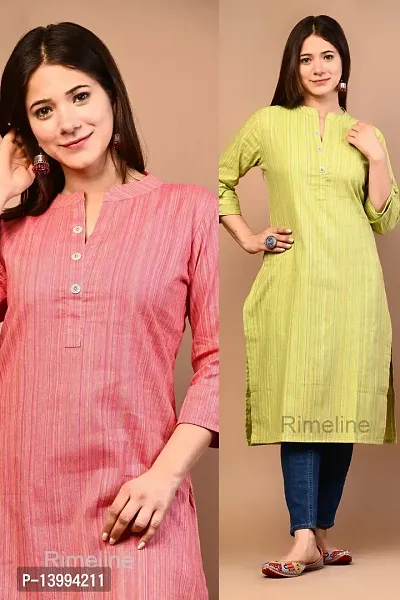 Trendy Yellow And Pink Khadi Cotton Mandrain Collar 3/4 Sleeves Kurta For Women- Pack Of 2-thumb4