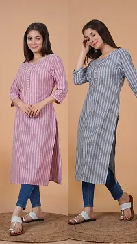 Trendy Grey And Pink Khadi Cotton Round Neck 3/4 Sleeves Kurta For Women- Pack Of 2-thumb2