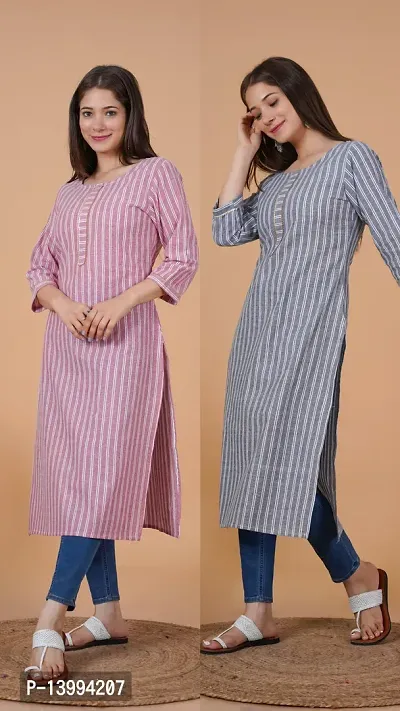 Trendy Grey And Pink Khadi Cotton Round Neck 3/4 Sleeves Kurta For Women- Pack Of 2-thumb3