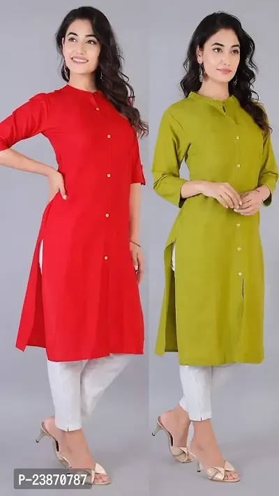 RIMELINE FASHION Women's Cotton Straight Fit Kurtis (Medium, Red-Mehandi)-thumb2