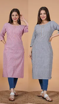 Trendy Grey And Pink Khadi Cotton Round Neck 3/4 Sleeves Kurta For Women- Pack Of 2-thumb3