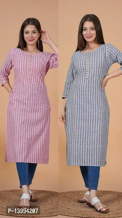 Trendy Grey And Pink Khadi Cotton Round Neck 3/4 Sleeves Kurta For Women- Pack Of 2-thumb4