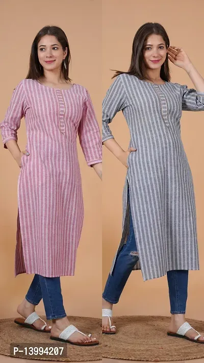 Trendy Grey And Pink Khadi Cotton Round Neck 3/4 Sleeves Kurta For Women- Pack Of 2-thumb0