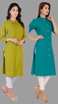 RIMELINE FASHION Women's Cotton A-line Combo Kurtis (Small, Mehandi-Rama)-thumb1