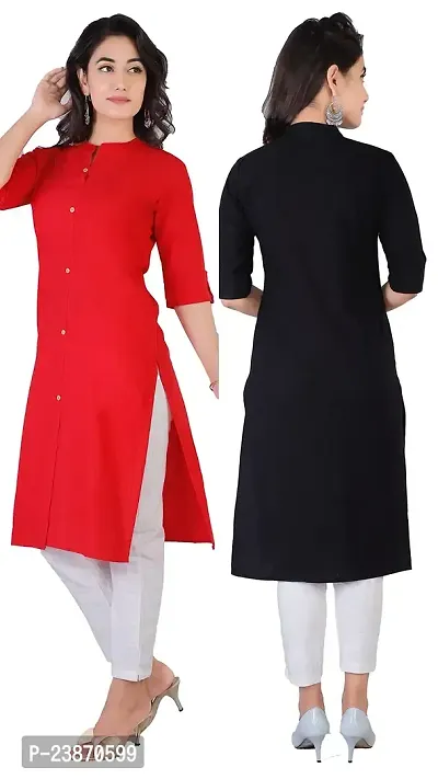 RIMELINE FASHION Women's Cotton Straight Fit Kurtis (Medium, Red-Black)-thumb0