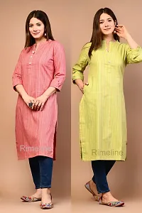 Trendy Yellow And Pink Khadi Cotton Mandrain Collar 3/4 Sleeves Kurta For Women- Pack Of 2-thumb2