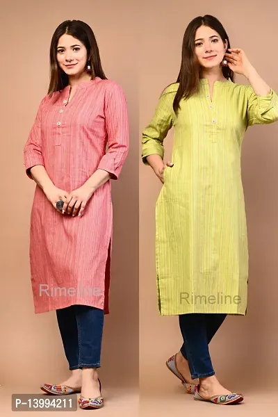 Trendy Yellow And Pink Khadi Cotton Mandrain Collar 3/4 Sleeves Kurta For Women- Pack Of 2-thumb3