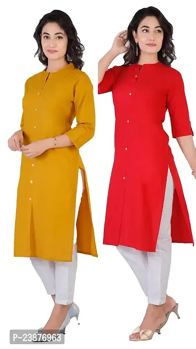 RIMELINE FASHION Women's Cotton Straight Fit Kurtis (X-Large, Mustard-Red)