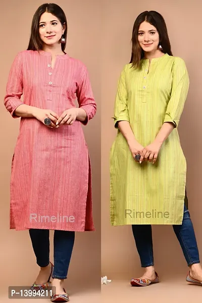 Trendy Yellow And Pink Khadi Cotton Mandrain Collar 3/4 Sleeves Kurta For Women- Pack Of 2-thumb0