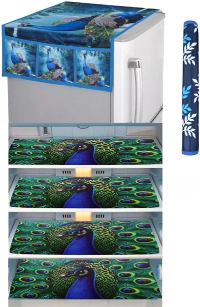 FRC DECOR Full Peacock Printed Refrigerator Cover 6 Piece Combo - 1 Decorative Top Cover(39 X 21 Inches) +1 Handle Covers(12 X 6 Inches) + 4 Fridge Mats(11.5 X 17.5 Inches) - Standard Size