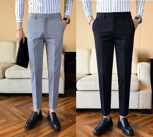 Stylish Cotton Blend Multicoloured Solid Regular Fit Formal Trouser For Men Pack of 2