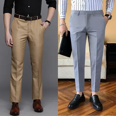 Stylish Blend Solid Regular Fit Formal Trouser For Men Pack Of 2