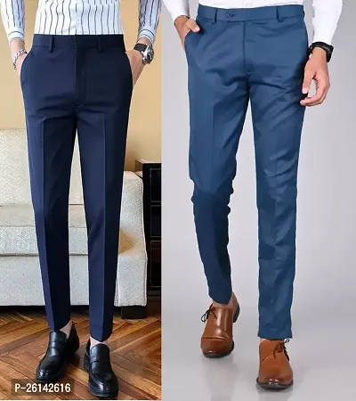 Stylish Cotton Blend Multicoloured Solid Formal Trouser For Men Pack Of 2