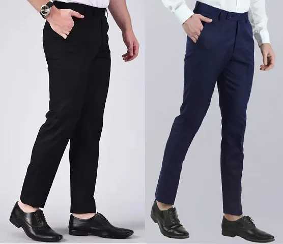 Stylish Multicoloured Cotton Blend Mid-Rise Trouser For Men Pack Of 2