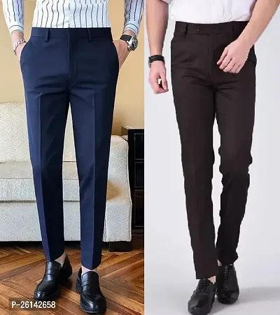 Stylish Cotton Blend Multicoloured Solid Formal Trouser For Men Pack Of 2-thumb0