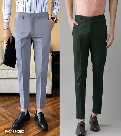 Stylish Cotton Blend Multicoloured Solid Regular Fit Formal Trouser For Men Pack Of 2