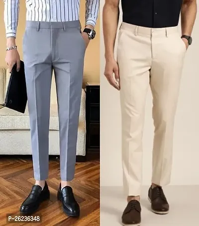 Stylish Cotton Blend Multicoloured Solid Regular Fit Formal Trouser For Men Pack Of 2