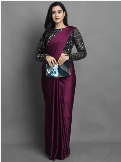 New Trendy Satin Solid Sarees with Sequin Blouse Piece