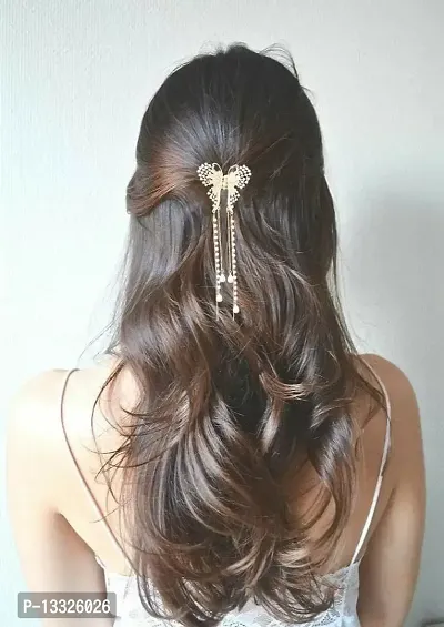 La Belleza Gold Plated Rhinestone Tassel Pearl Butterfly Hair Clip/Hair Clutcher Flying Metal Hair Claw Clips Styling Clips Hair Accessories For Girls And Women-thumb2