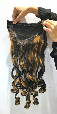 La Belleza Women's 5 Clip 24 Inch Natural Black With Golden Streaking Curly/Wavy Hair Extension Pack of 1-thumb3