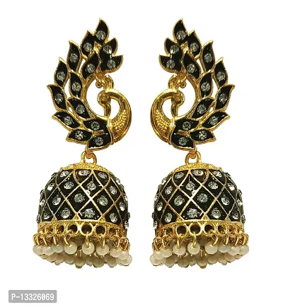 La Belleza Traditional Gold Plated Oxidized Antique/Ethnic Peacock Jhumka/Jhumki Earrings with Hanging Pearls | Cubic Zircon | Rhinestone for Women  Girls-thumb0