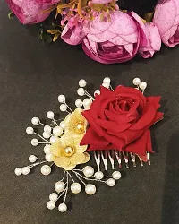 La Belleza Wedding Hair Accessory Tiara | Pearl Crystal Hair Side Comb with Red and Golden Rose | Floral Hair Crown | Hair clip /Side Pin for Girls and Women (Red Rose Pearl Comb)-thumb1