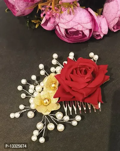 La Belleza Wedding Hair Accessory Tiara | Pearl Crystal Hair Side Comb with Red and Golden Rose | Floral Hair Crown | Hair clip /Side Pin for Girls and Women (Red Rose Pearl Comb)-thumb2