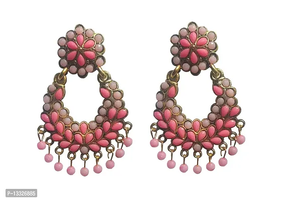 La Belleza Gold Plated Oxidised Traditional Handcrafted Meena Work Jhumki Earring | Long Tassel Meenakari Jhumki/Jhumka Chandelier Drop Dangler Earring For Girls And Women In 4 Color (Pink)-thumb0